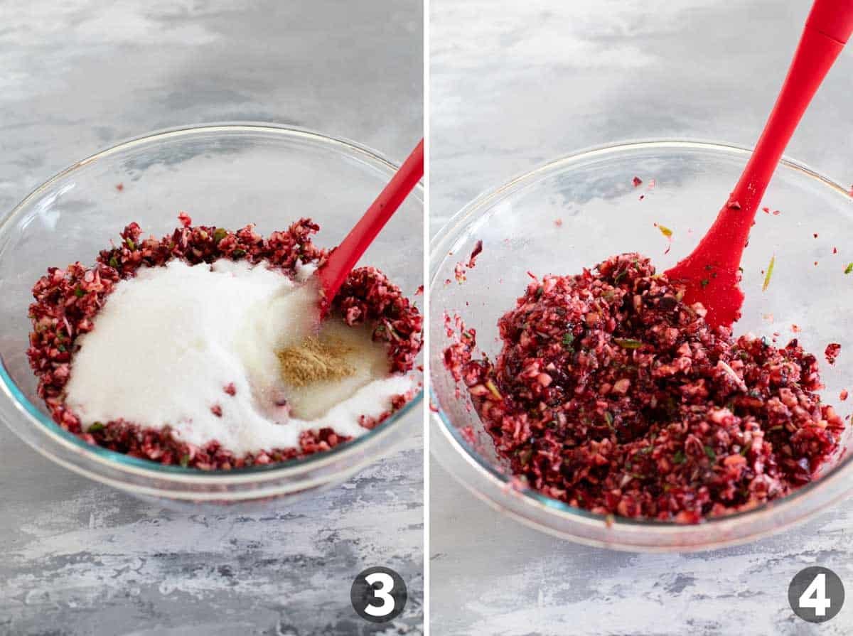 Mixing cranberries, jalapeno, sugar, green onions, lemon juice, and cumin.