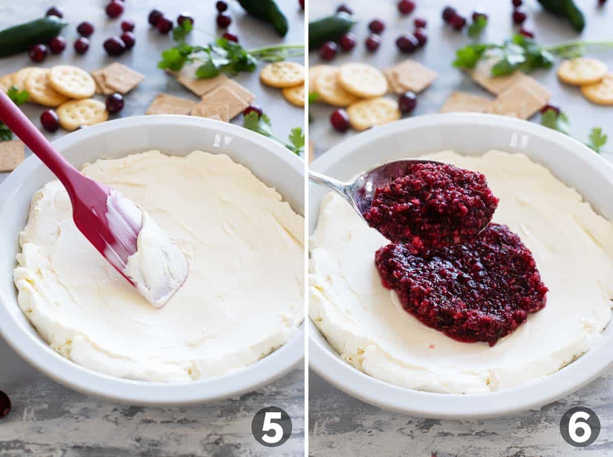 Spreading cream cheese in a pie dish and adding cranberry salsa to the top.