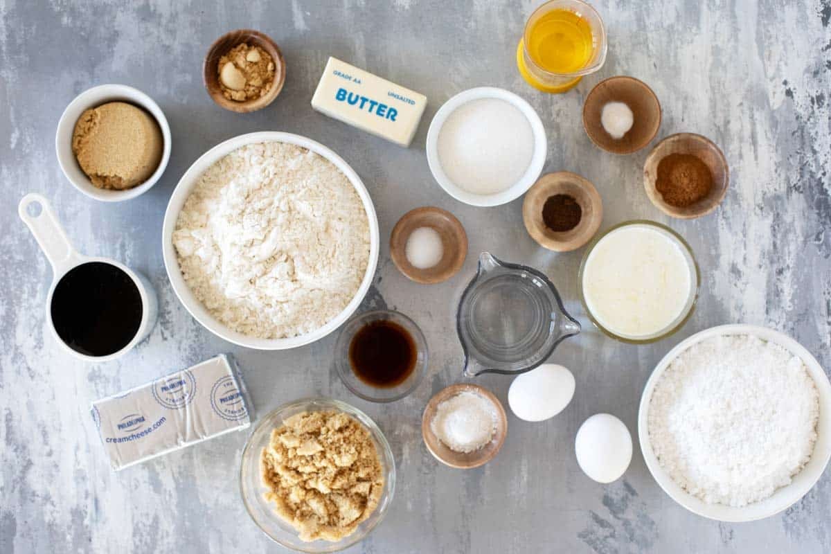 Ingredients to make a Gingerbread Cake with brown sugar cream cheese frosting.