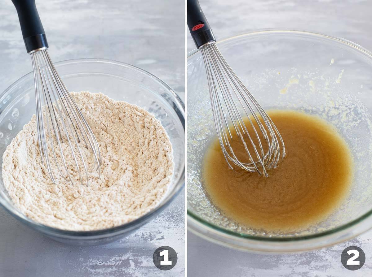 Whisking dry ingredients, and mixing butter and sugar for a gingerbread cake.