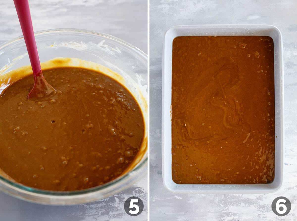 Making batter and adding to a cake pan.