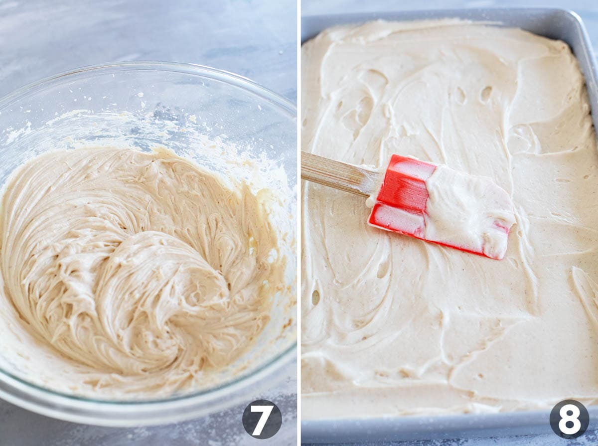 Making brown sugar cream cheese frosting and adding to gingerbread cake.