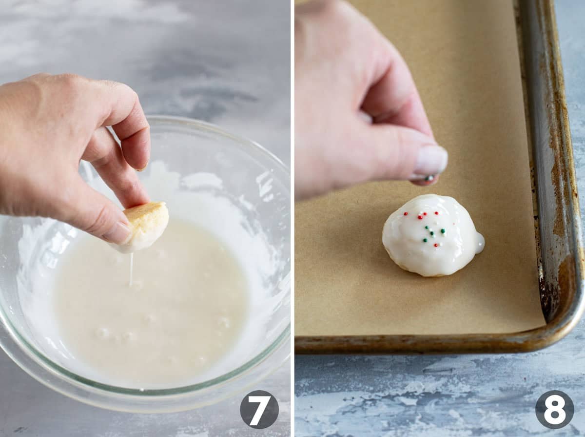 Dipping Italian Christmas Cookie in glaze and adding sprinkles.