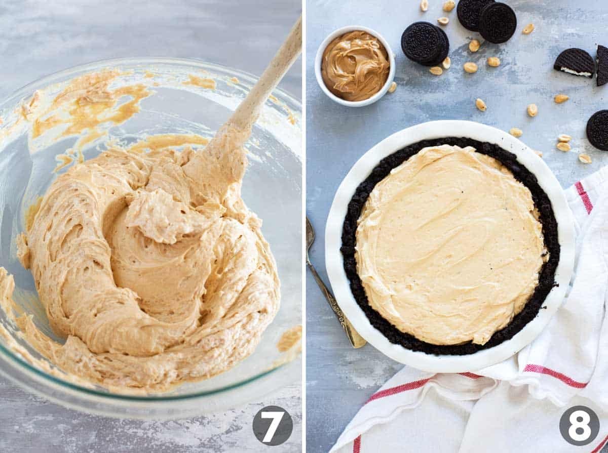 Mixing filling for peanut butter pie, and adding to cookie crust.