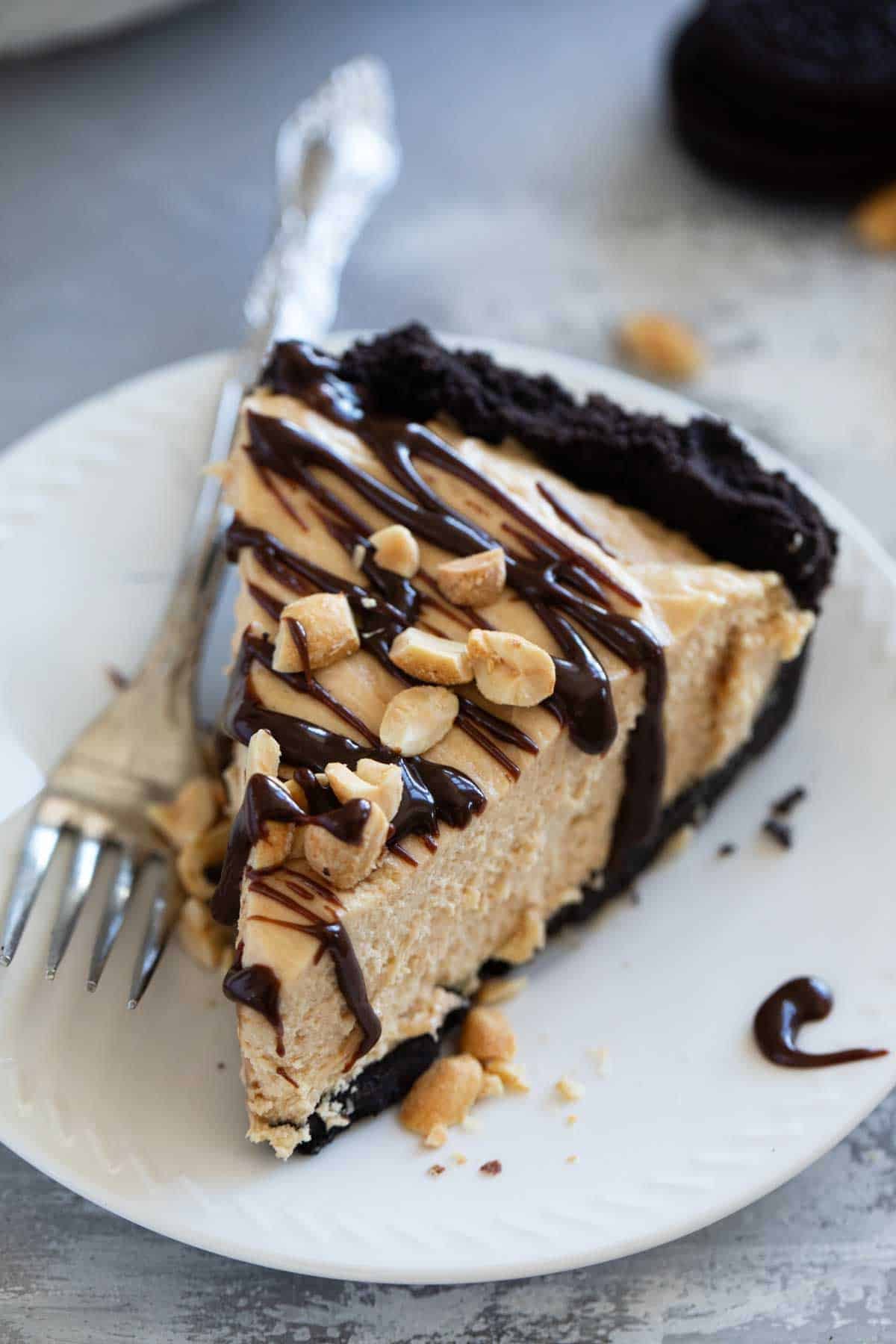 Slice of Peanut Butter Pie topped with peanuts and hot fudge.