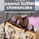 Reese's Peanut Butter Cheesecake with text overlay.