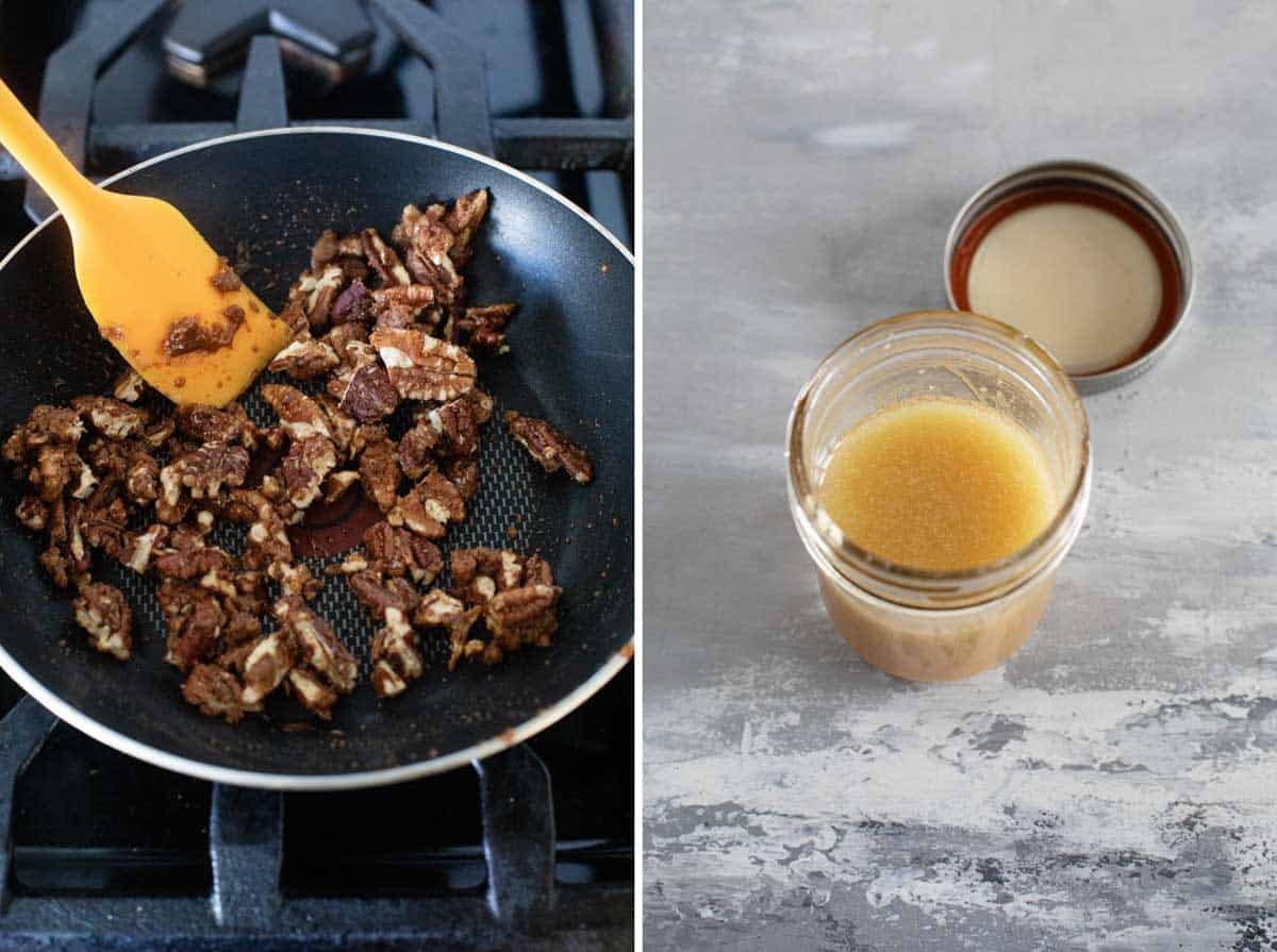 Making candied nuts and salad dressing for Shaved Brussels Sprout Salad.