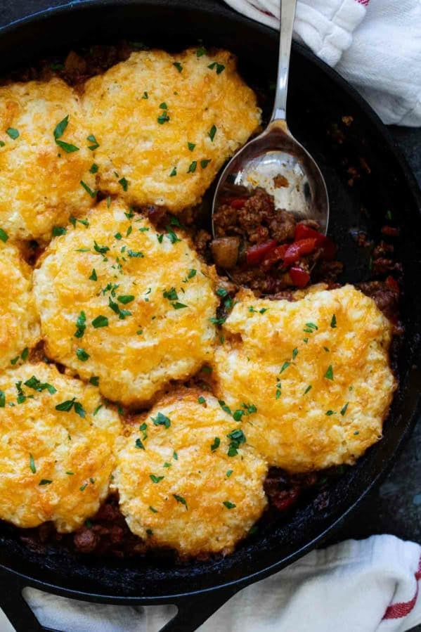 Skillet Turkey Pot Pie in a cast iron skillet.