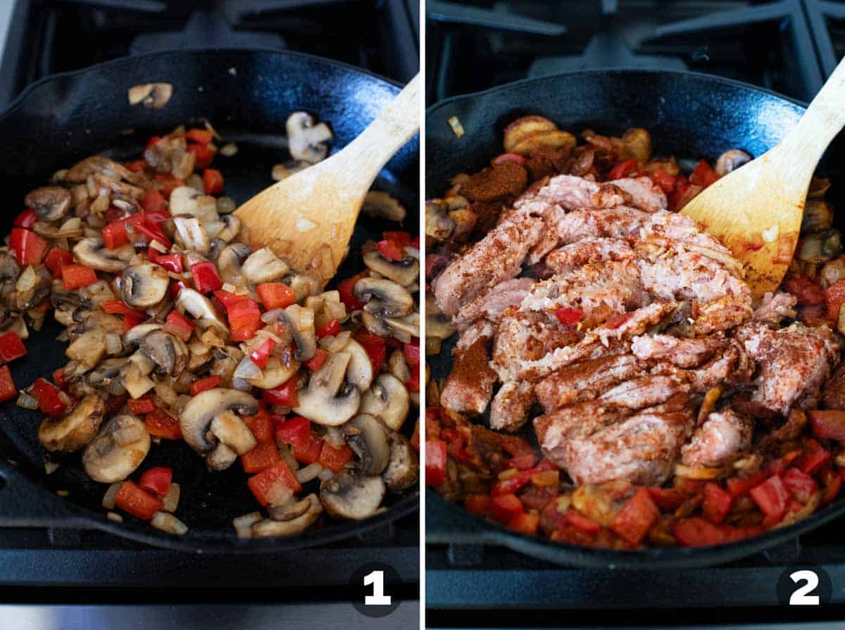 Making filing for skillet turkey pot pie in a cast iron skillet.