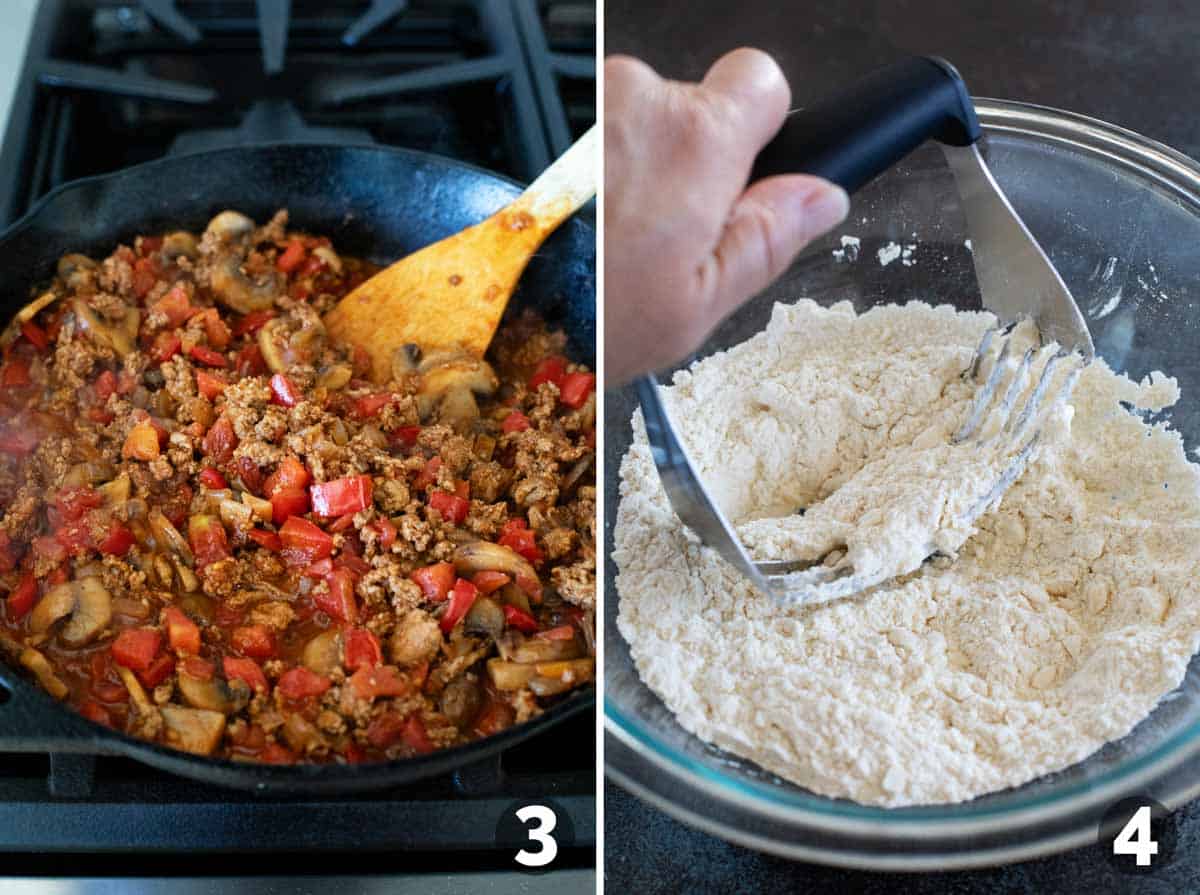 Making filling for skillet turkey pot pie, and starting biscuit topping.