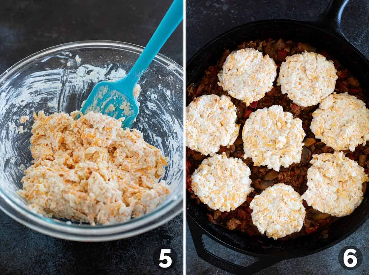Making biscuit dough and adding biscuits to top of Skillet Turkey Pot Pie.