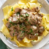 Slow Cooker Beef Stroganoff over egg noodles.