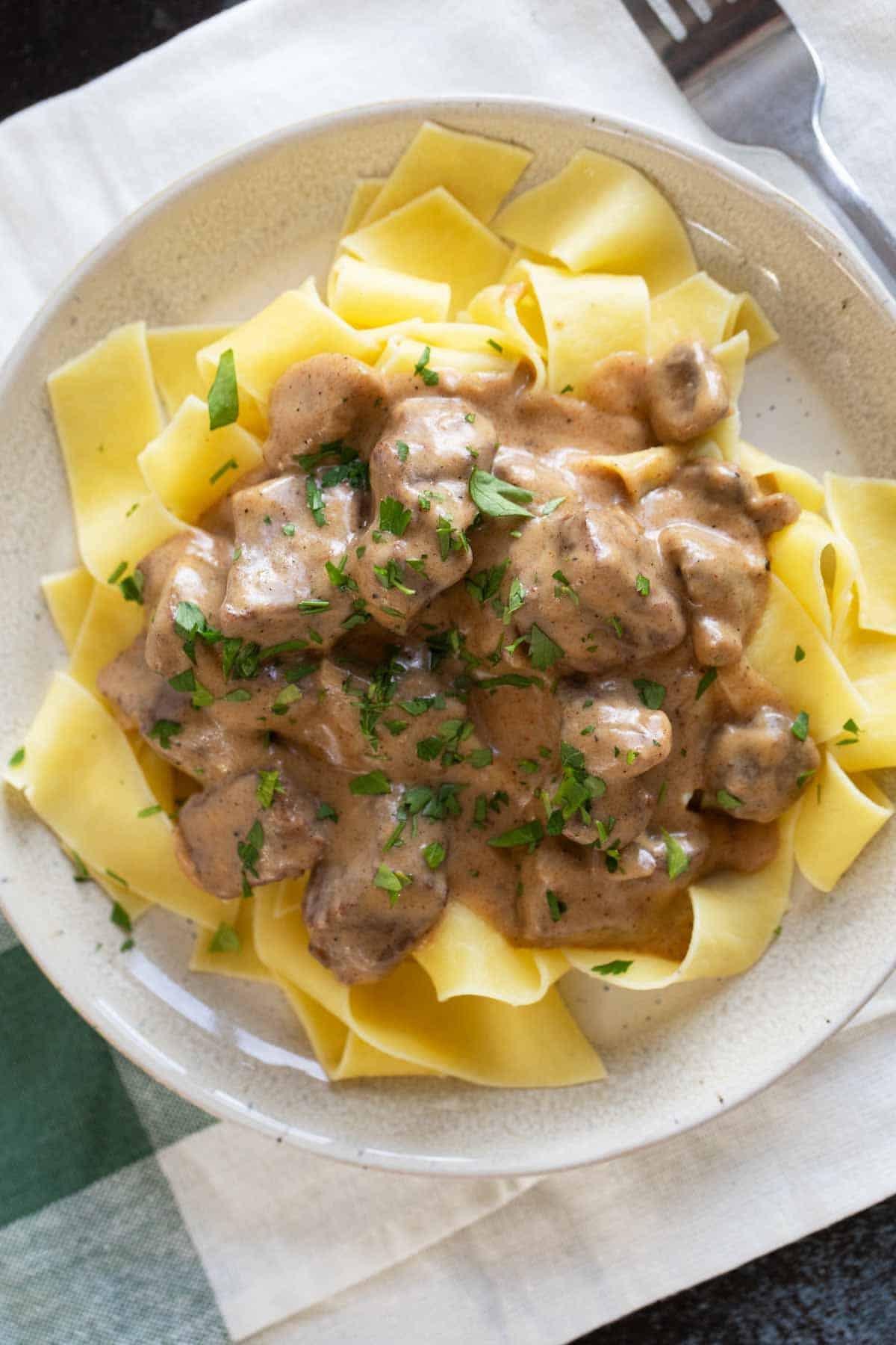 Slow Cooker Beef Stroganoff over egg noodles.