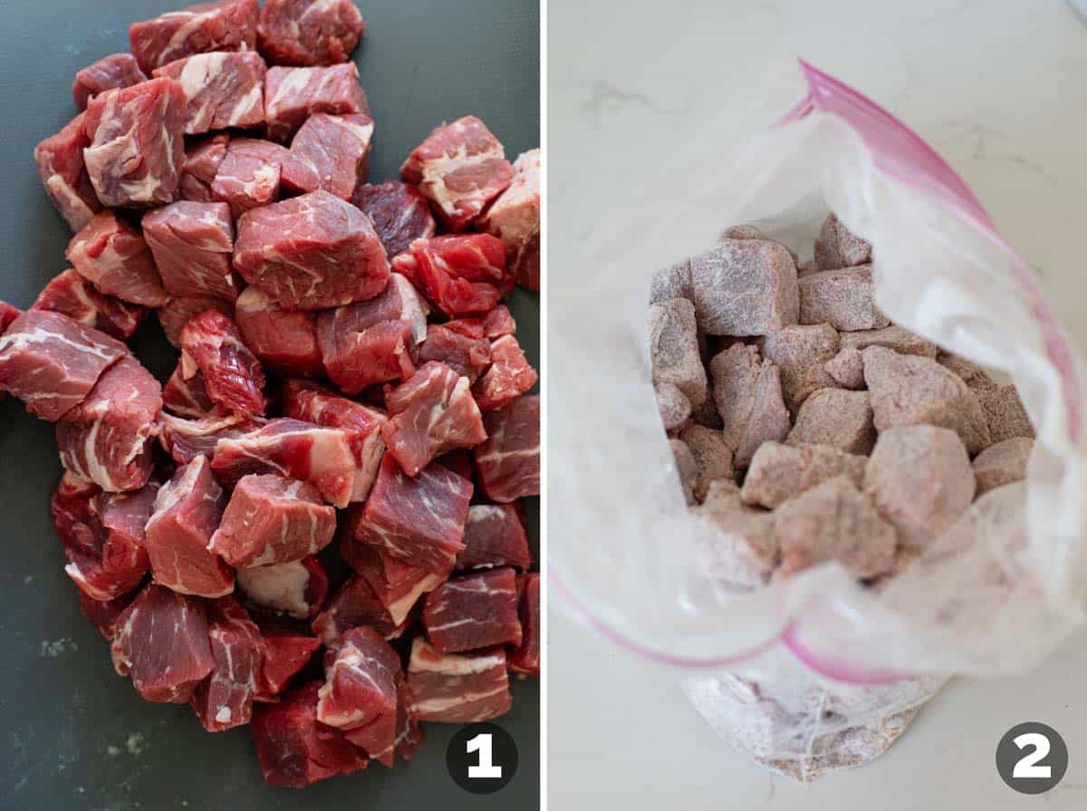 Cutting chuck roast into pieces and coating with flour.