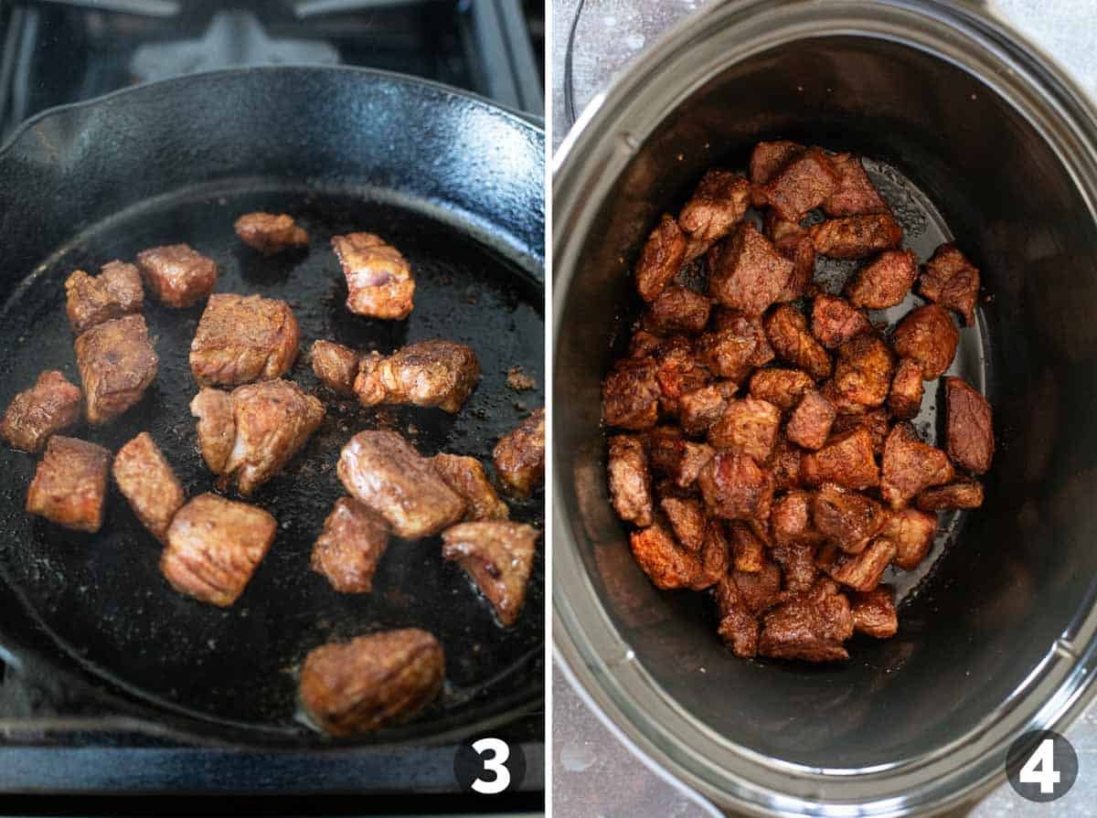 Browning beef for Slow Cooker Beef Stroganoff.