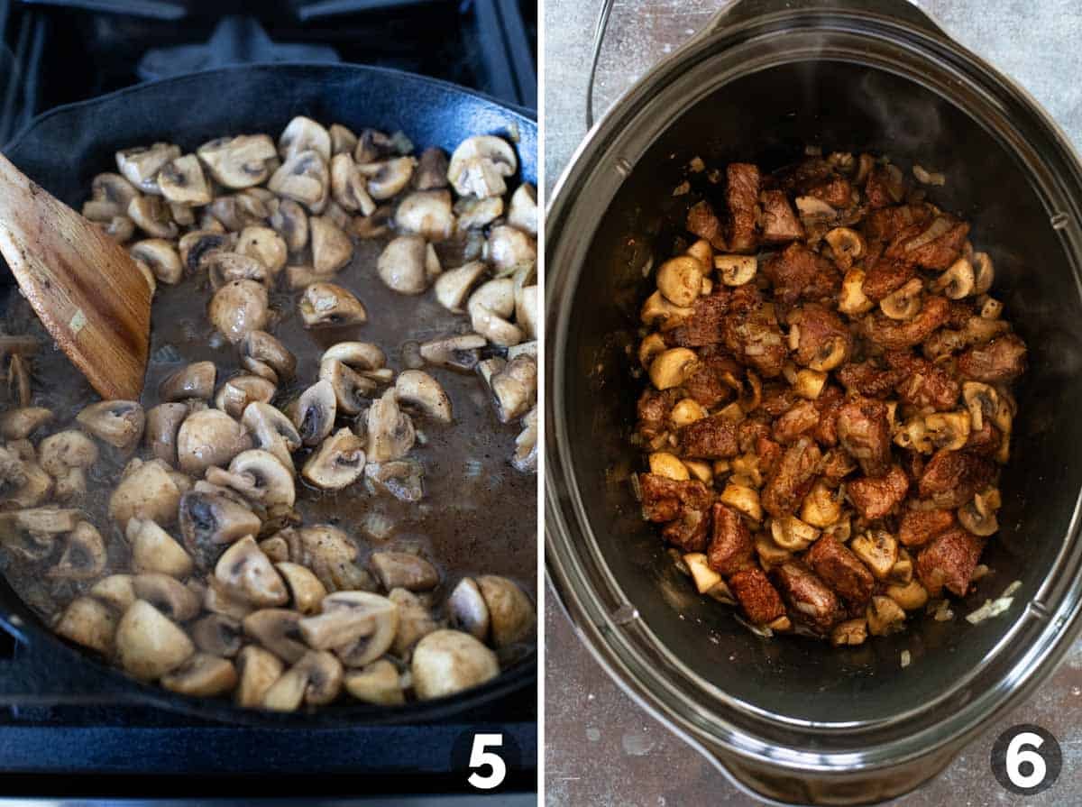 Cooking mushrooms and onions, and adding to a slow cooker.