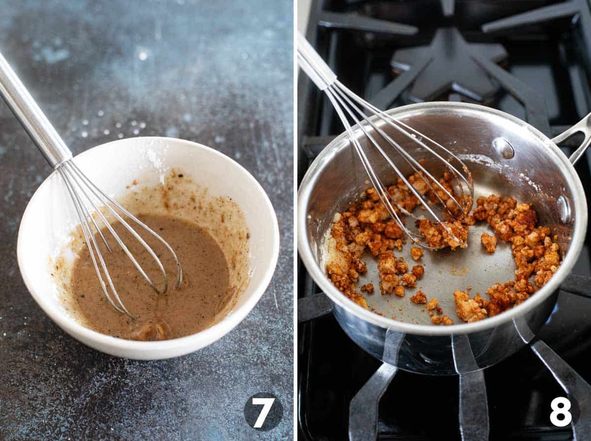 Making cornstarch slurry, and whisking butter with flour and paprika.