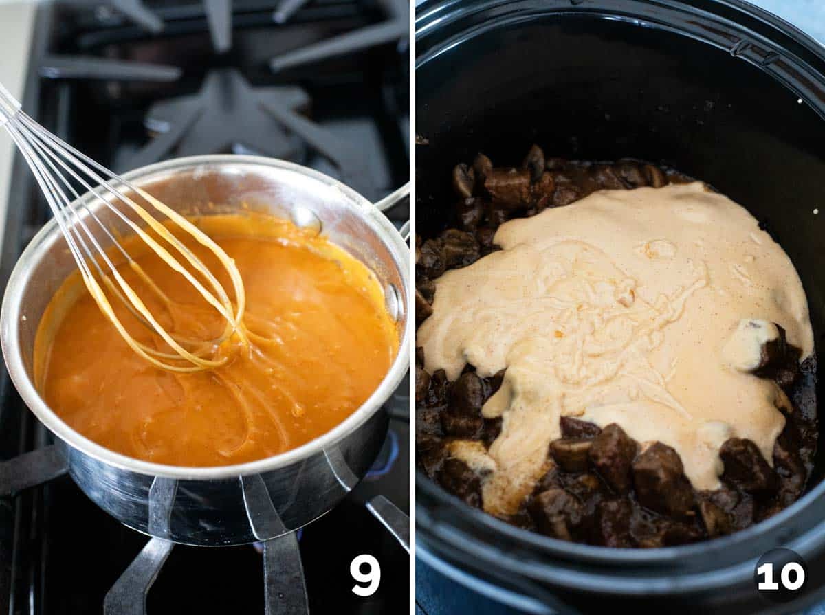 Making the gravy for beef stroganoff and adding it to a slow cooker.
