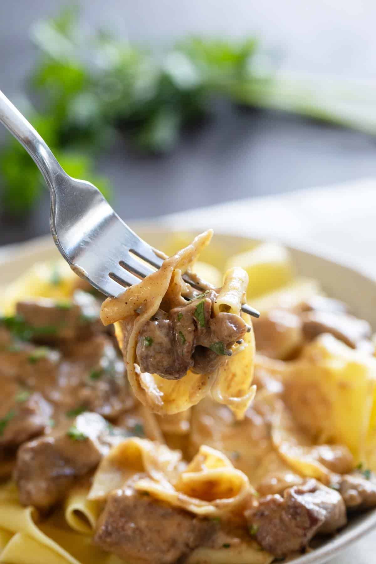 Bite of slow cooker beef stroganoff on a fork.