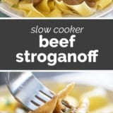 Slow Cooker Beef Stroganoff collage with text bar in the middle.