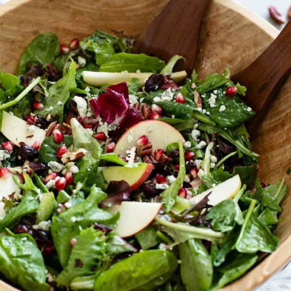 Thanksgiving Salad with apples, pomegranates, and an apple cider vinaigrette.