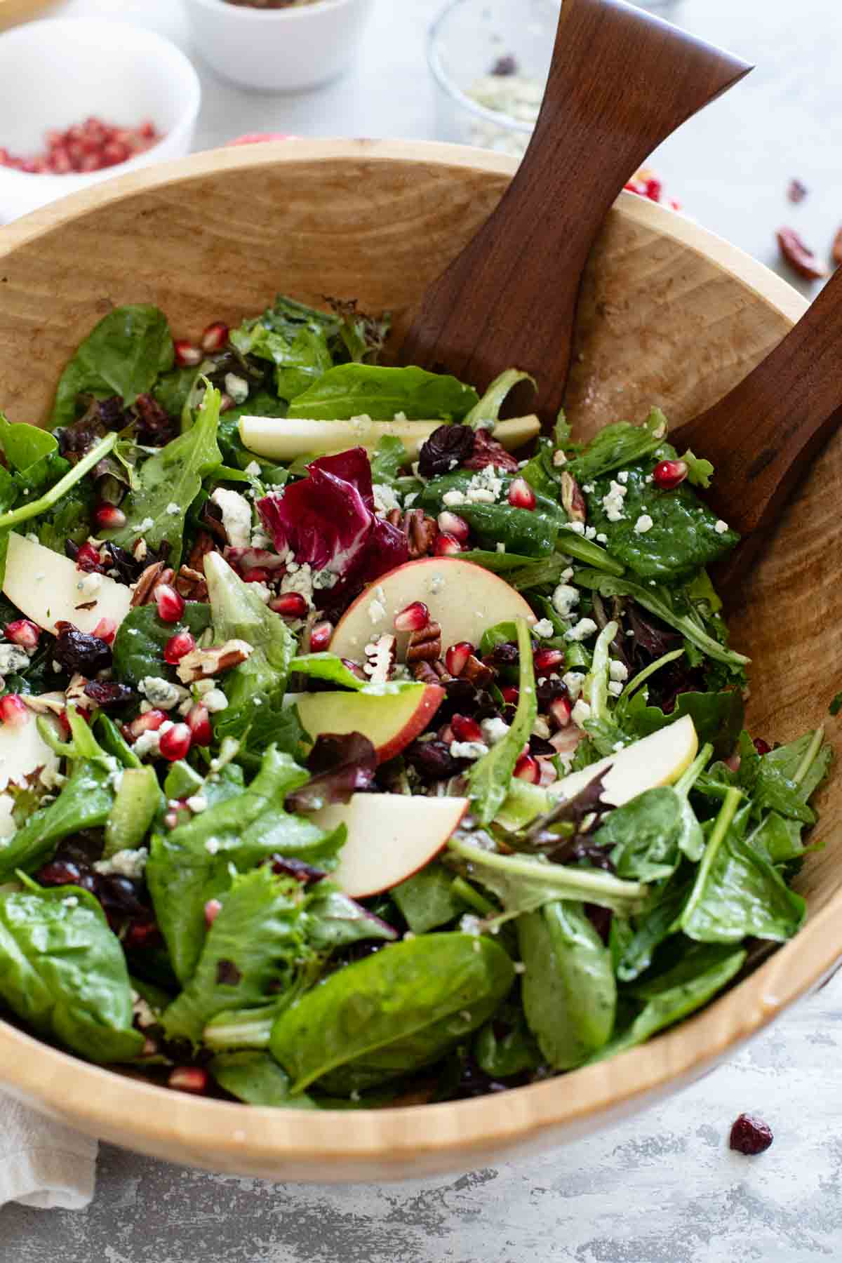 Thanksgiving Salad with apples, pomegranates, and an apple cider vinaigrette.