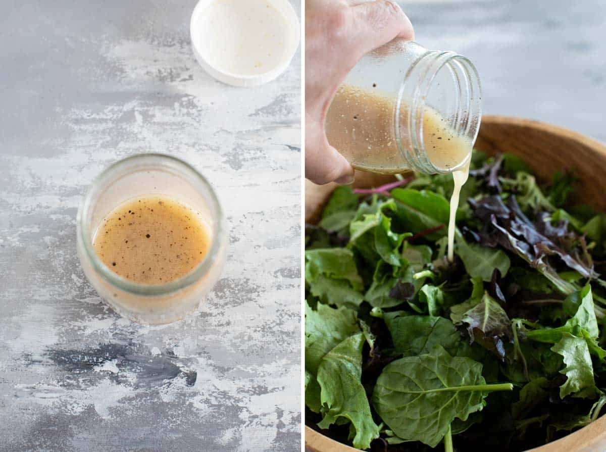 Making apple cider vinaigrette and adding to mixed greens.