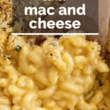 Baked Mac and Cheese with text overlay.