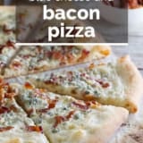 Blue Cheese and Bacon Pizza with text overlay.