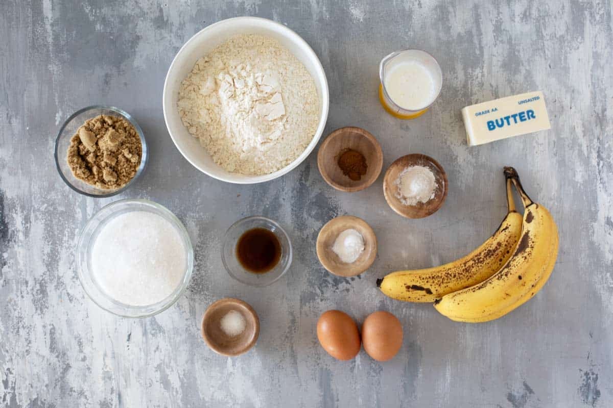 Ingredients for buttermilk banana bread.