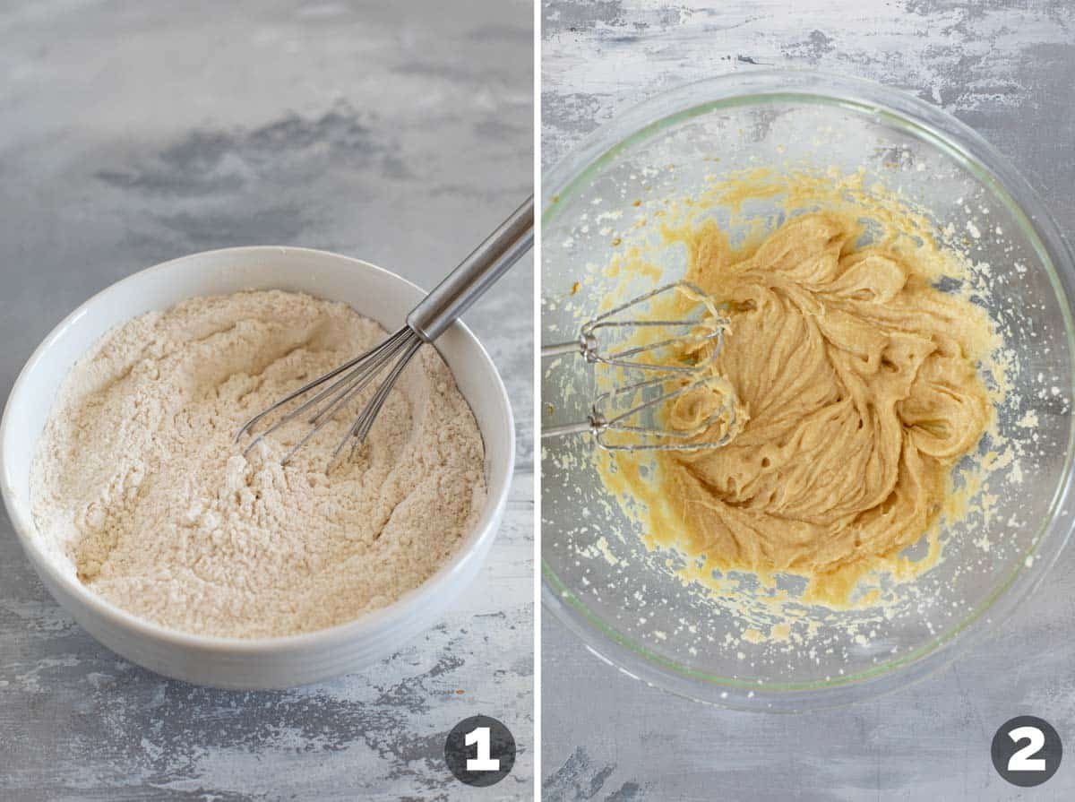 Mixing dry ingredients, and starting batter for buttermilk banana bread.