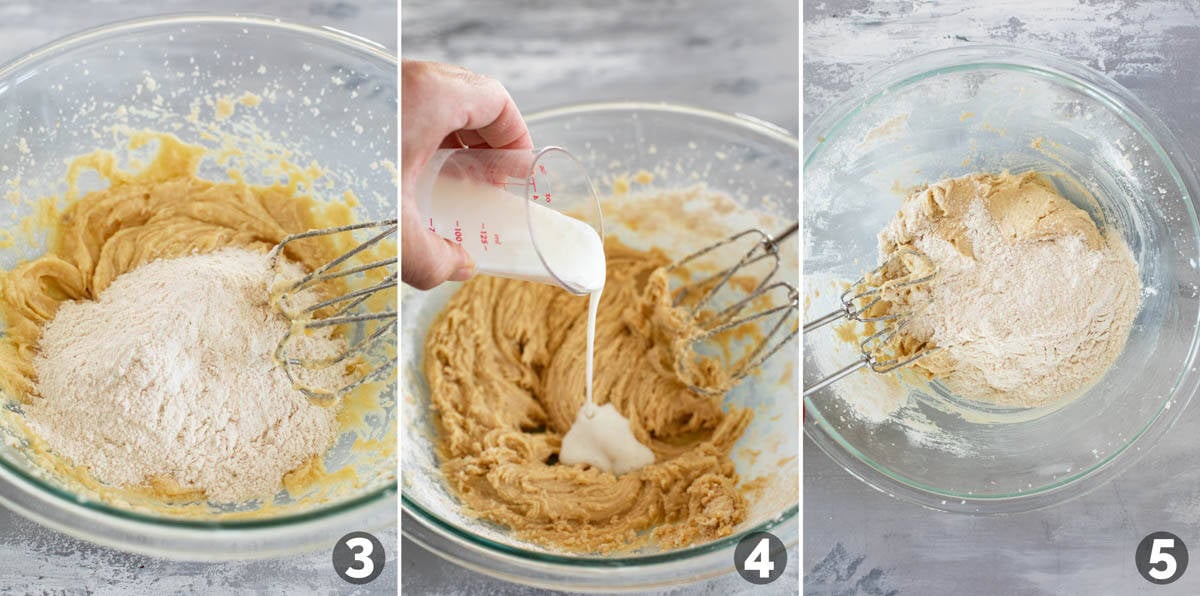 Mixing dry ingredients and wet ingredients in to make buttermilk banana bread.