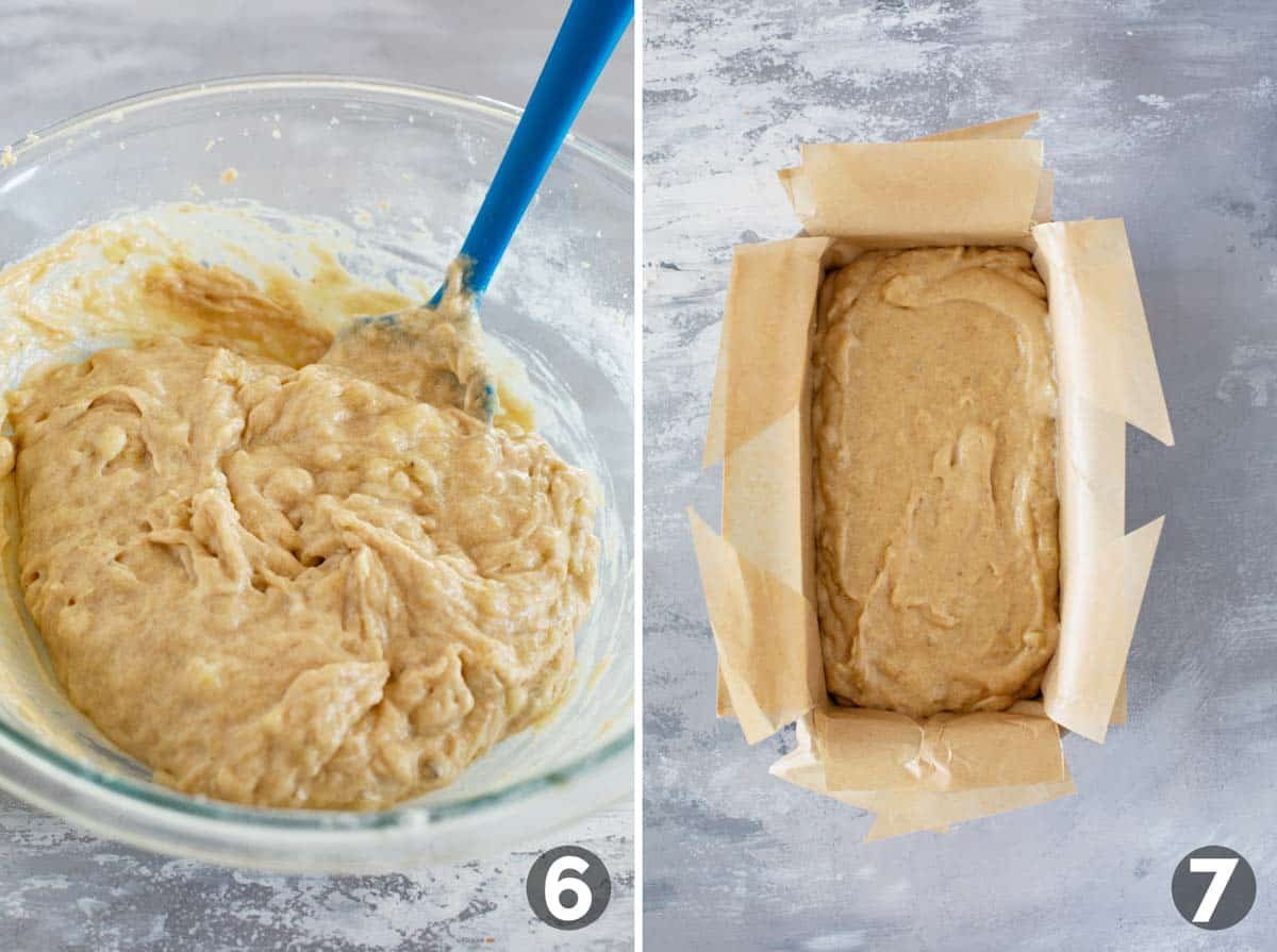 Batter for buttermilk banana bread in a bowl and in a loaf pan.