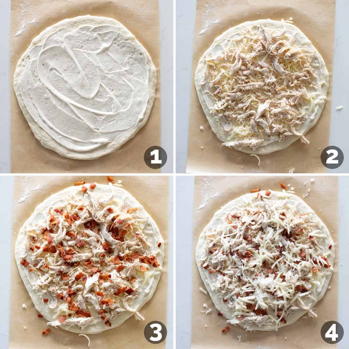 Topping pizza dough with Alfredo, chicken, cheese, and bacon.
