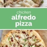Chicken Alfredo Pizza collage with text bar in the middle.