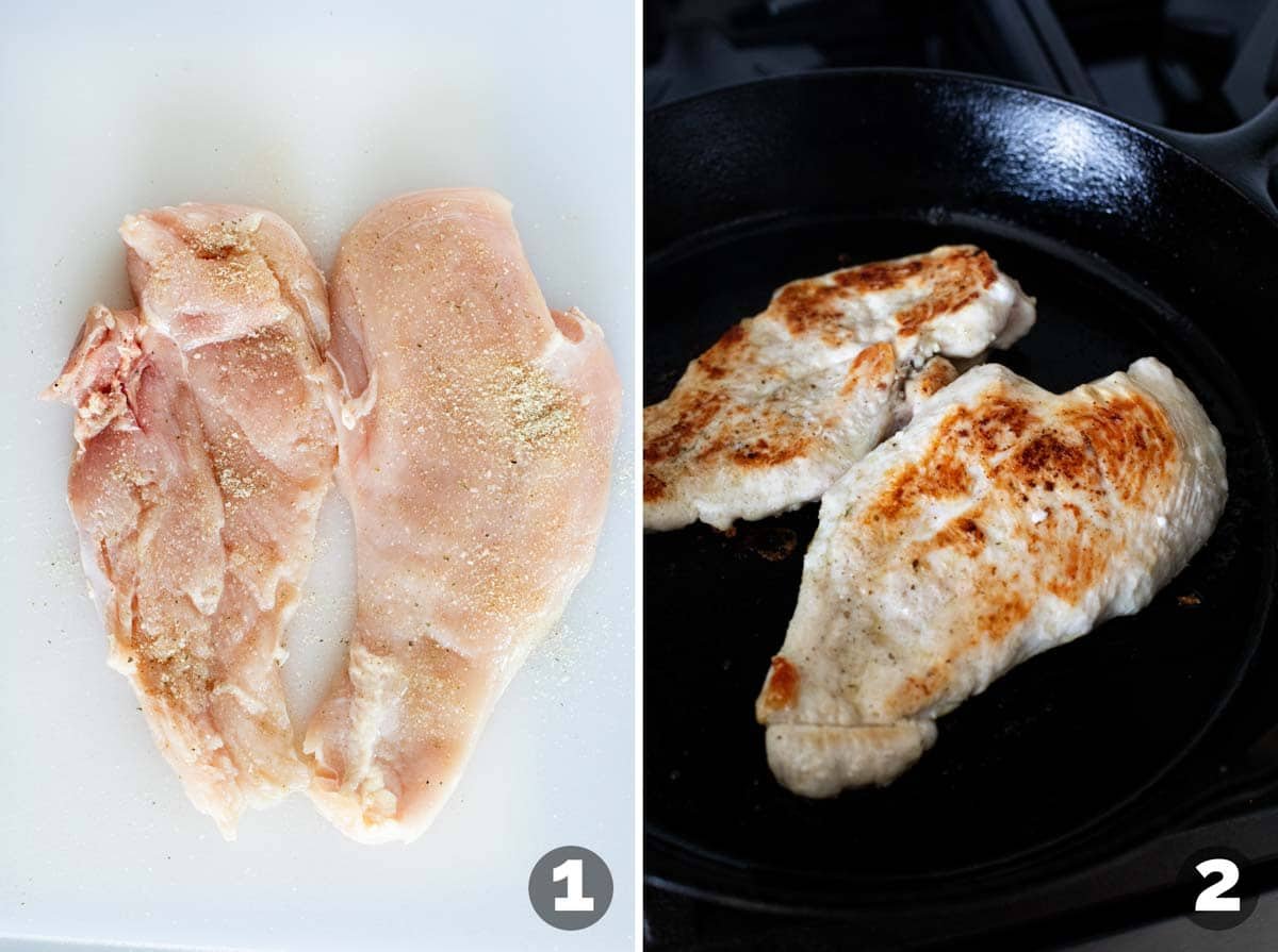 Cutting a chicken breast in half and seasoning, and cooking in a cast iron pan.