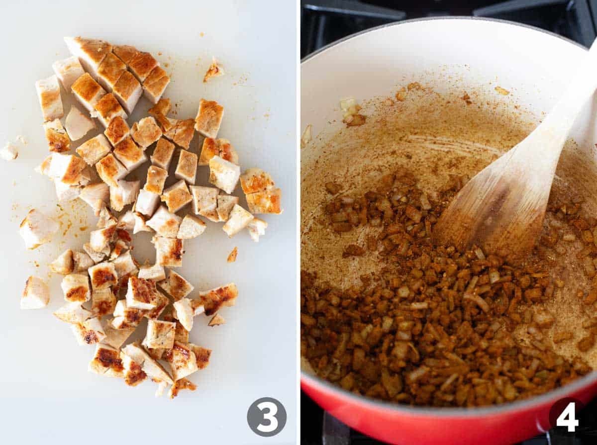 Dicing chicken and sautéing onions with spices.