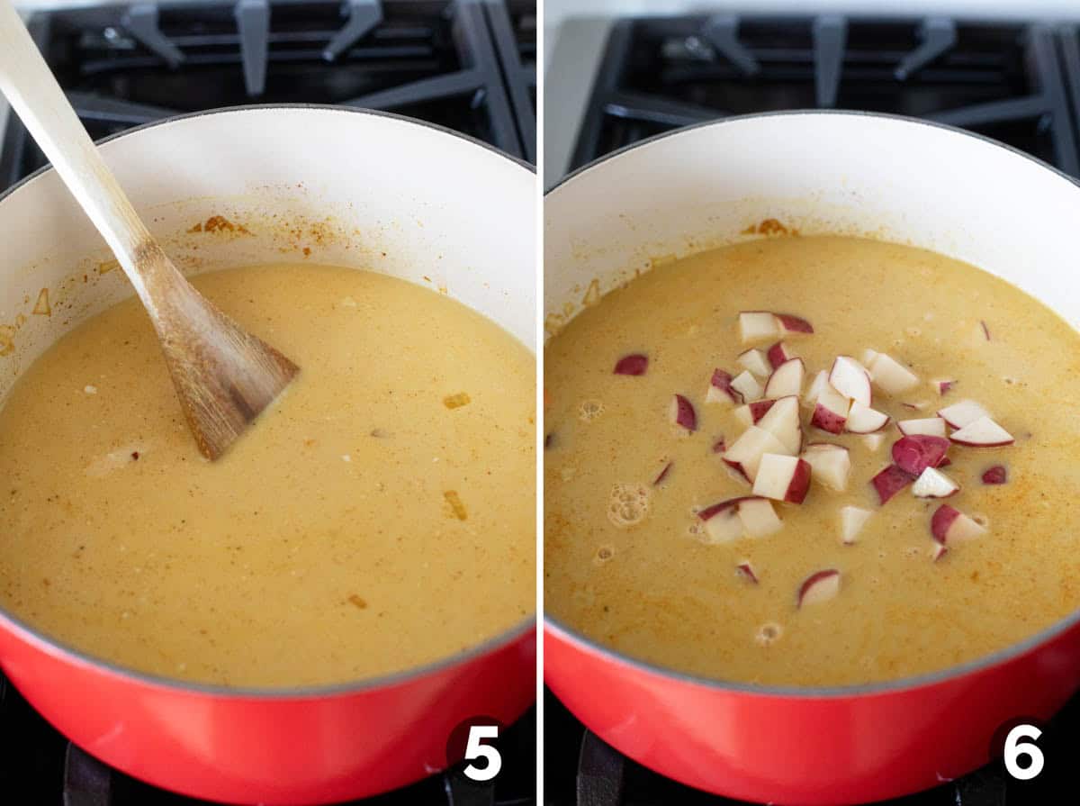 Adding broth and coconut milk to Dutch oven and adding potatoes.