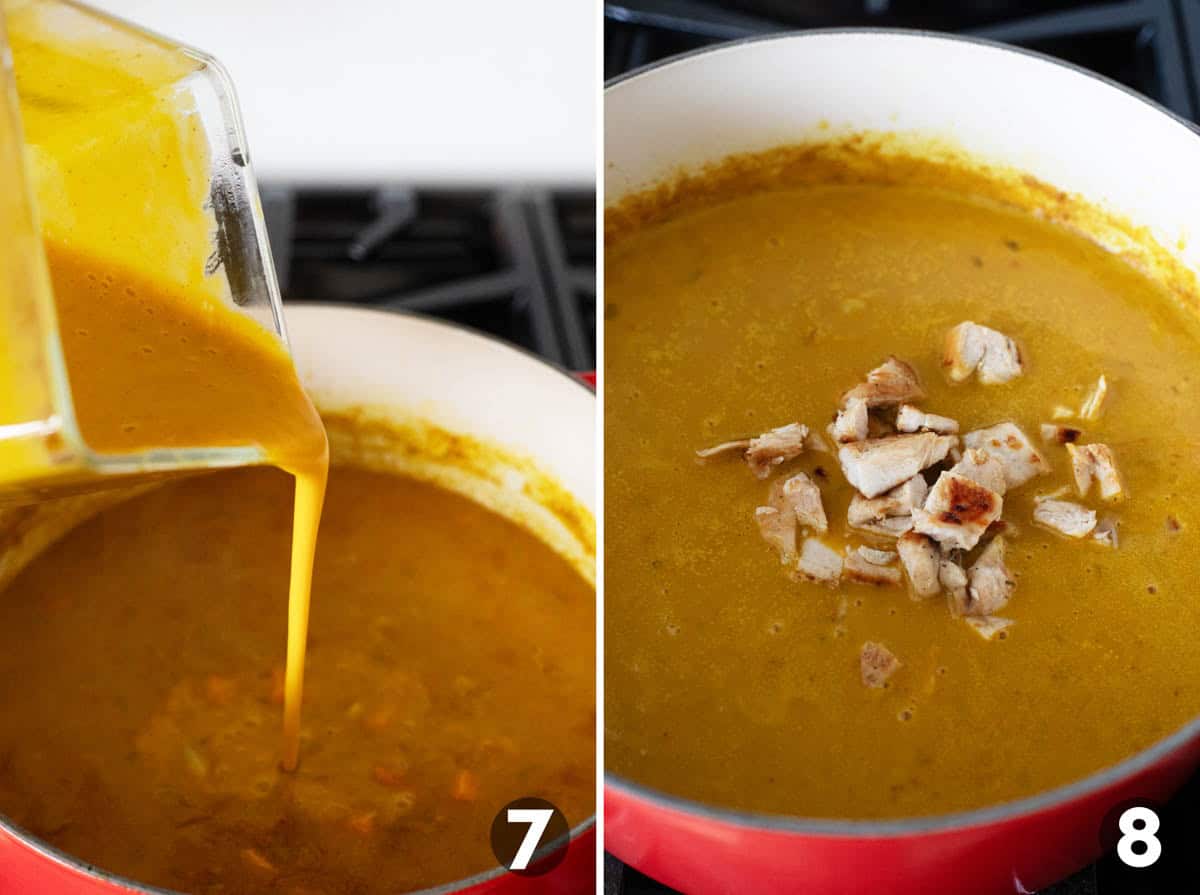 Blending some of chicken curry soup and adding chicken.