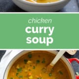 Chicken Curry Soup collage with text bar in the middle.