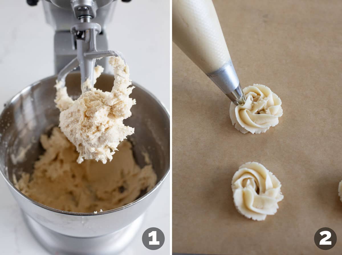 Making dough for chocolate dipped cookies and piping into rosettes.