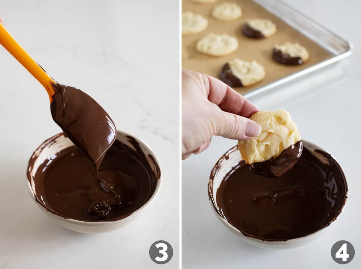 Melting chocolate and dipping butter cookies into chocolate.