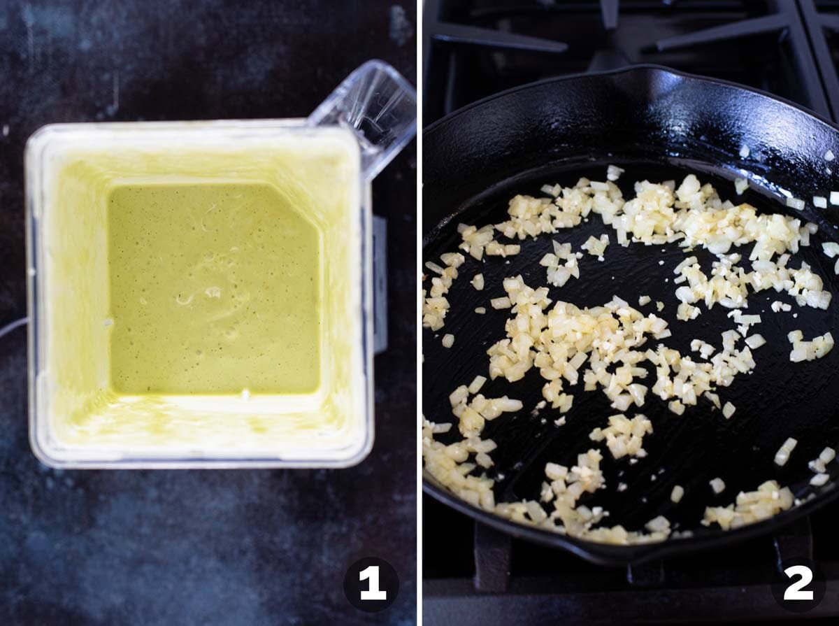 Making sauce for Enchiladas Suizas and sautéing onions.