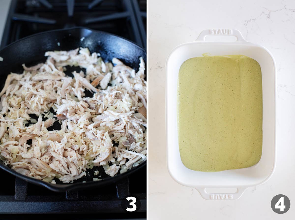 Chicken filling for Enchilada Suizas, and adding sauce to the bottom of a casserole dish.