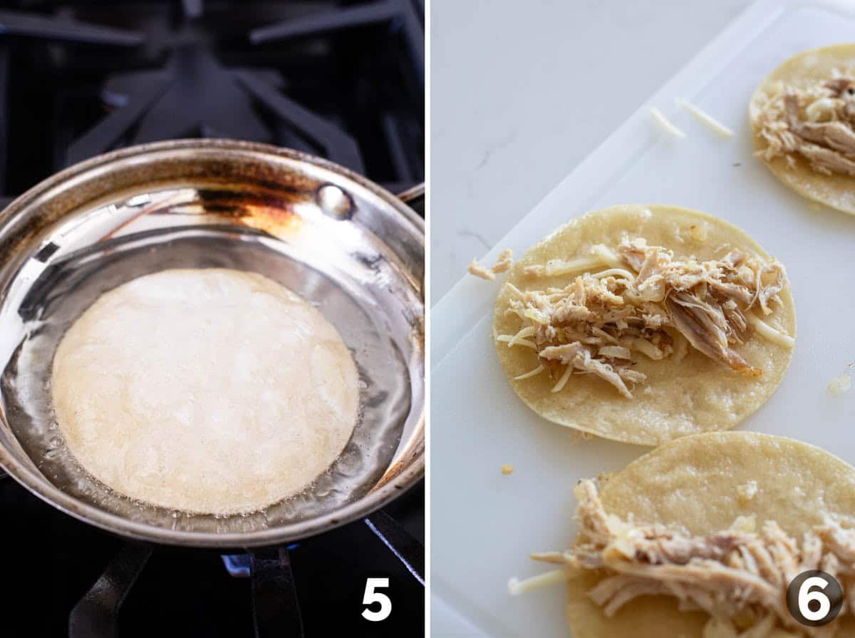 Frying a tortilla in oil, then adding chicken and cheese to the fried tortillas.
