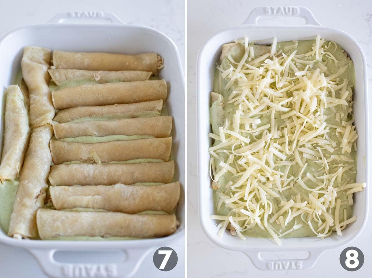 Rolled enchiladas suizas in a dish, then covered with sauce and cheese.