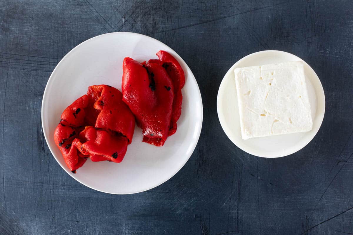 Ingredients for Feta and Roasted Red Pepper Dip.
