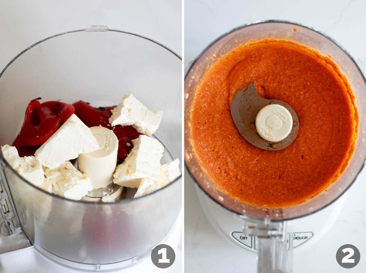 Steps to make feta and roasted red pepper dip.