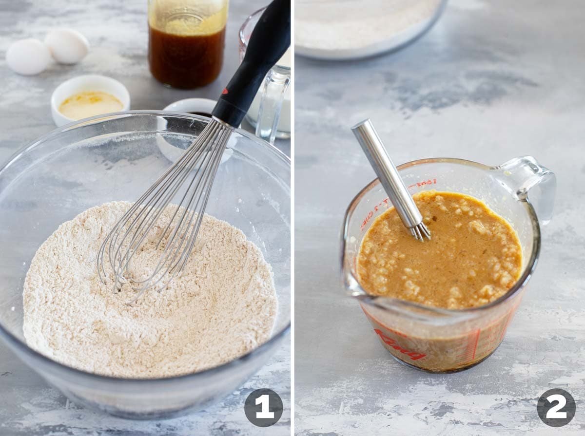 Mixing dry ingredients in a bowl and whisking together wet ingredients.