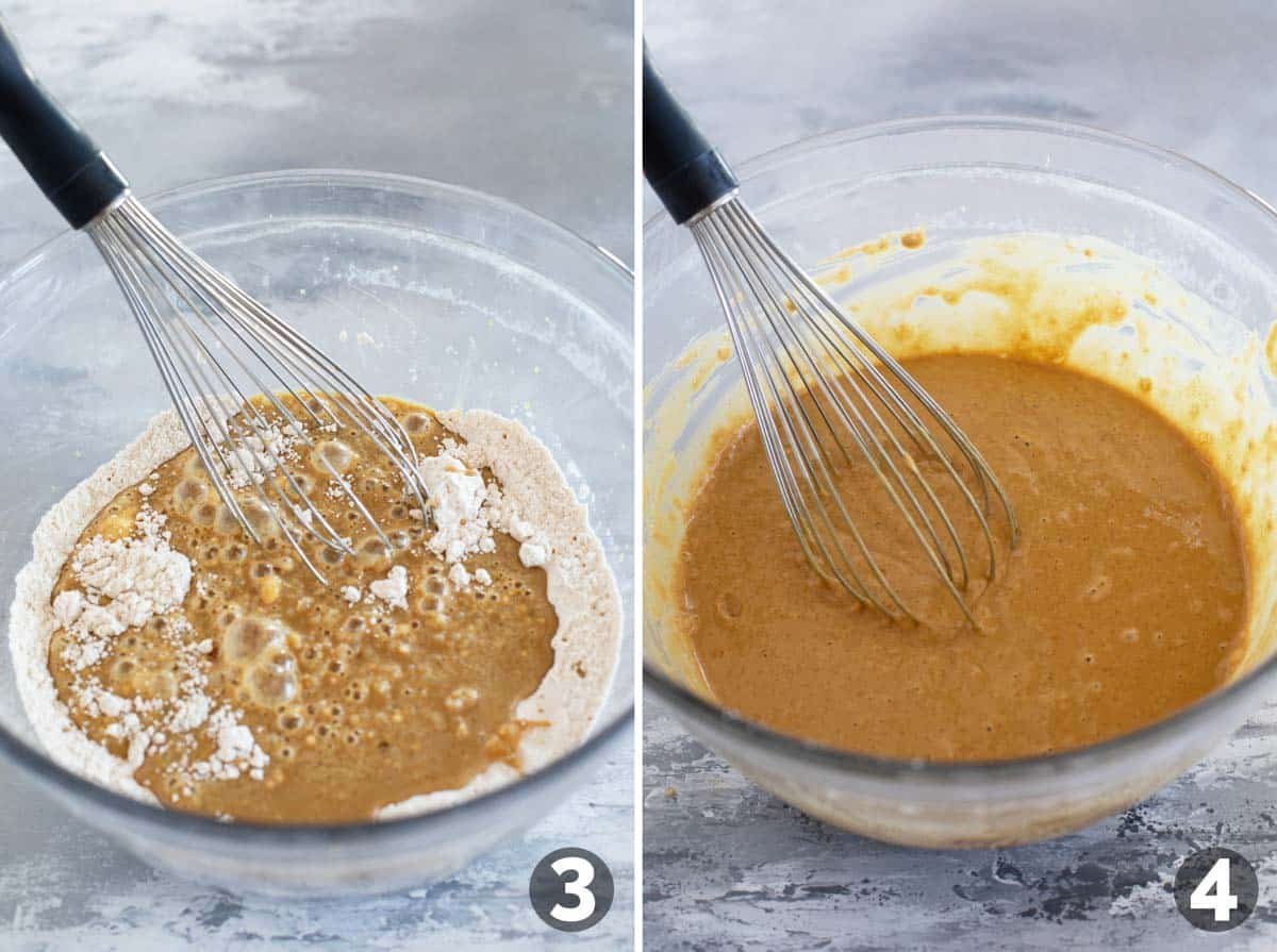 Mixing wet and dry ingredients together for Gingerbread Pancakes.